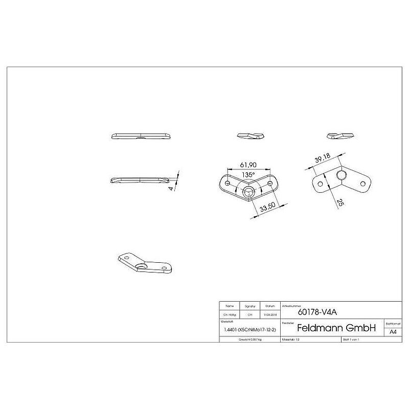 Plaque de raccordement de mains courantes 135°, 42,4mm, V4A