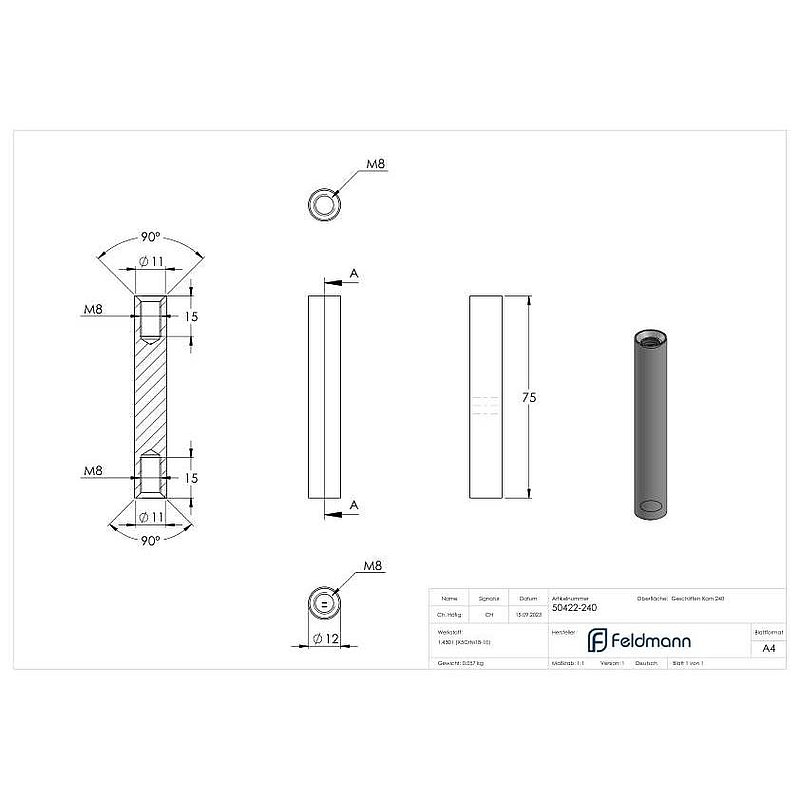 Stift Ø 12mm, L: 75mm, V2A