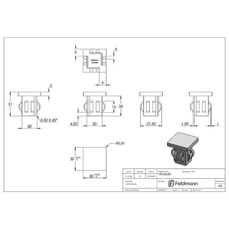 Bouchon en acier, pour tube carré 30x30mm