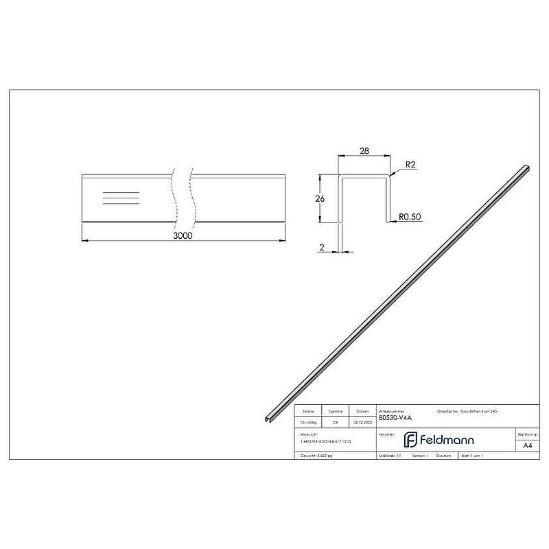 Edelstahl-U-Profil, 28x26x2mm, L: 3000mm, V4A