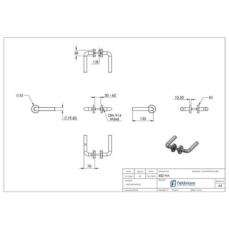 Pair of lever handles, rotatable, AISI304
