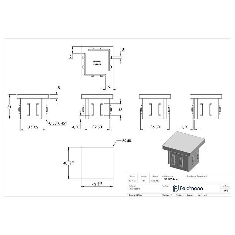 Steel end cap, for square tube 40x40mm, galvanised