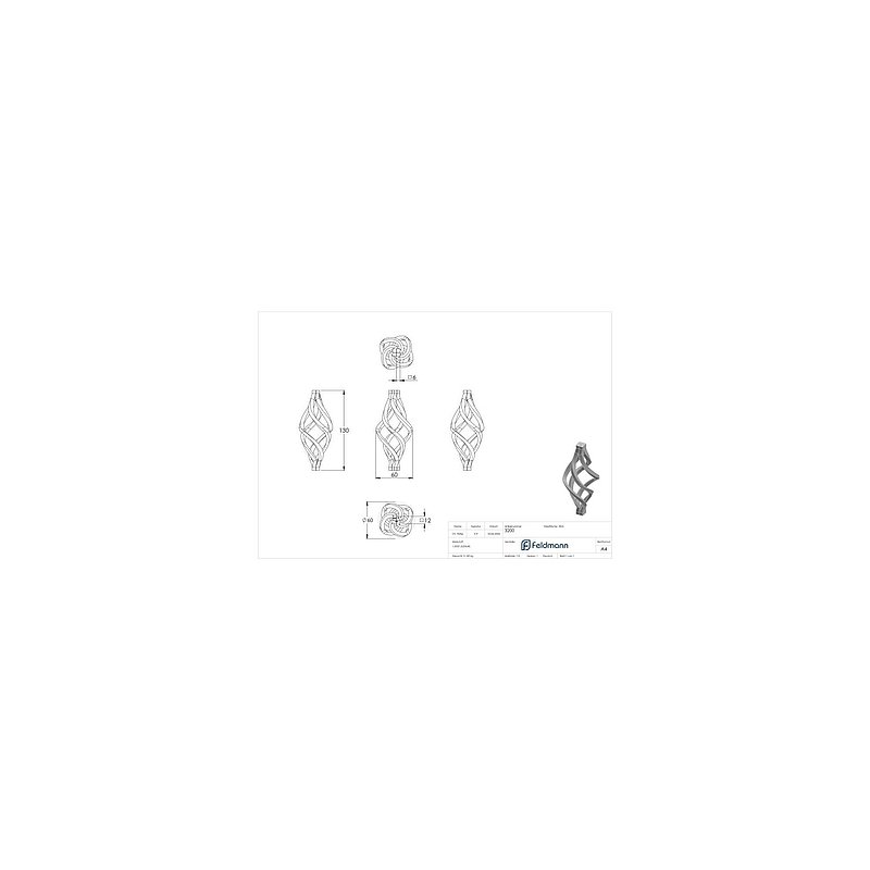 Twirled cone 4x6x6mm, 130x60mm