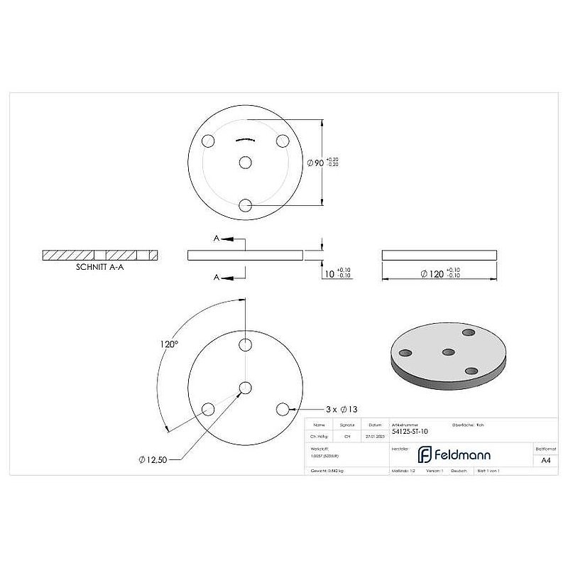 plaque d'ancrage Ø 120 x 10mm, avec 3 trous Ø 13mm et perforation centrale Ø 12,5mm, acier brut