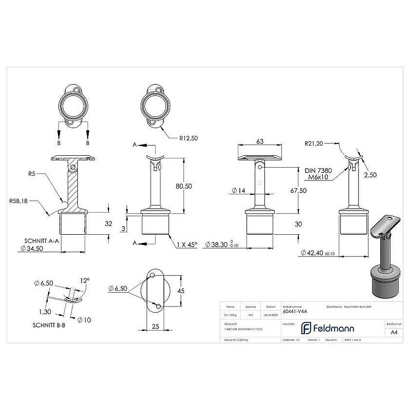 Tube end plug with joint and plate, for 42.4x2.0mm, AISI316