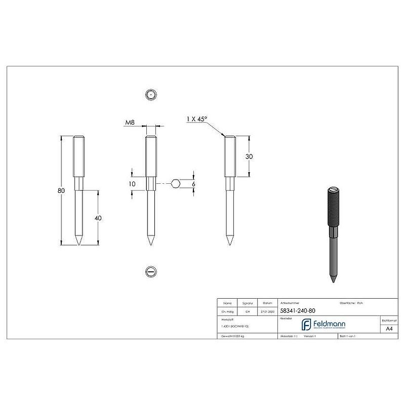 Vis à double filetage M8x80mm, V2A