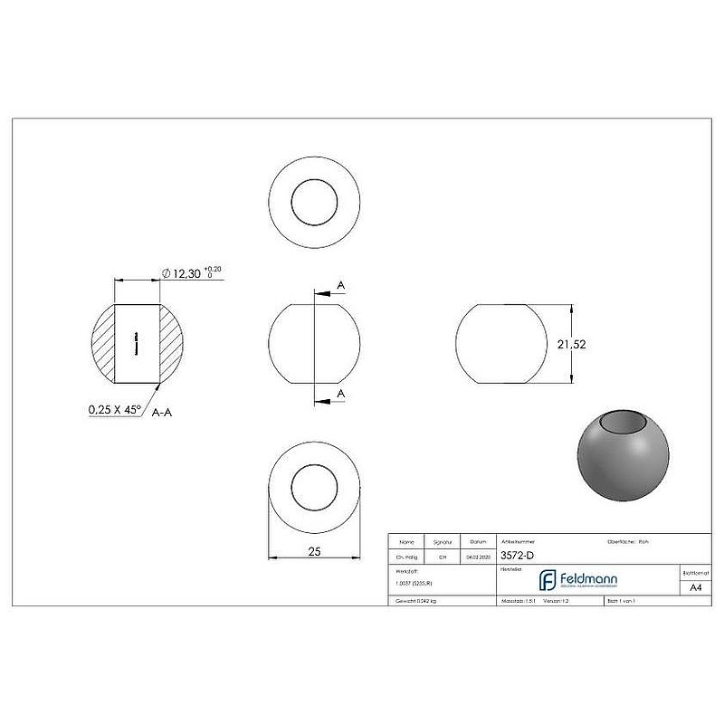 Massivkugel 25mm, mit Durchgangsbohrung 12,3mm