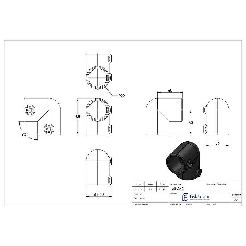 Raccord coudé 90°, pour tube Ø 42,4mm