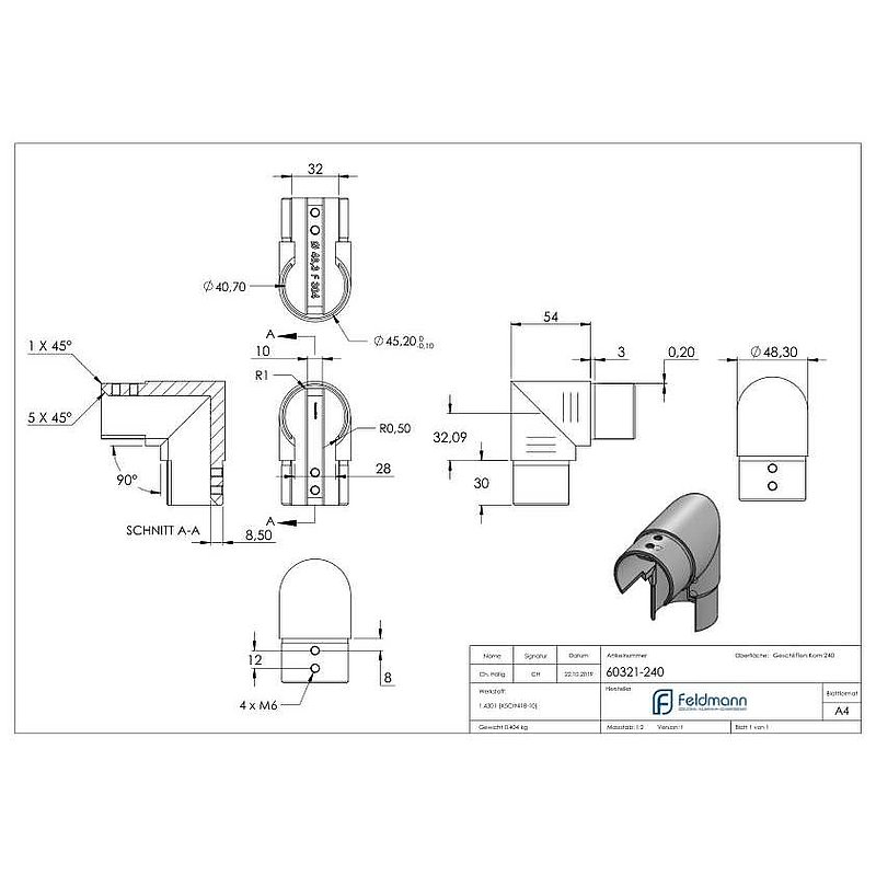 Eckbogen vertikal, für 48,3mm, V2A, Rahmenecke