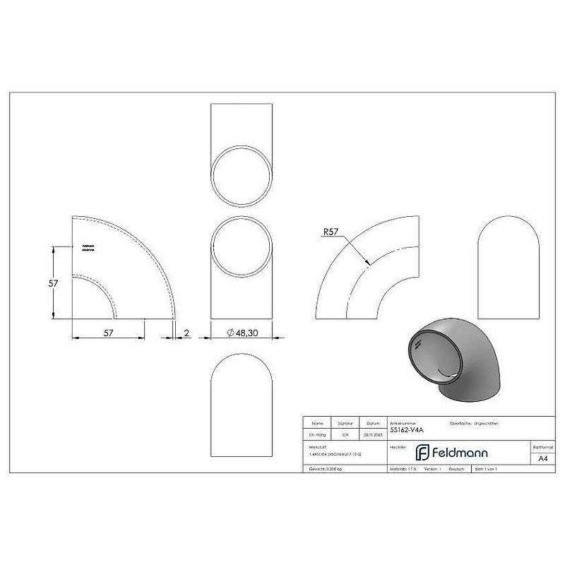 Schweißbogen 90°, 48,3 x 2,0mm, ungeschliffen, V4A