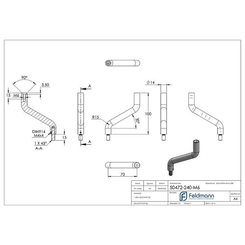 Bracket Ø 14mm, 2x 30° bent, AISI304