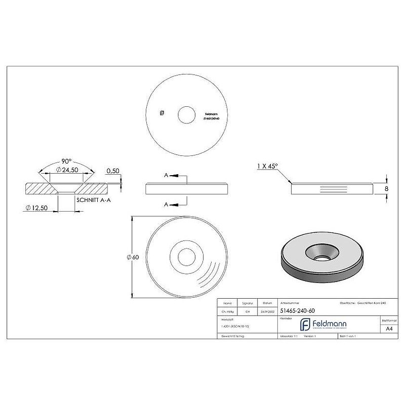 Schraubplatte Ø 60 x 8mm, mittig gesenkt für M12, V2A