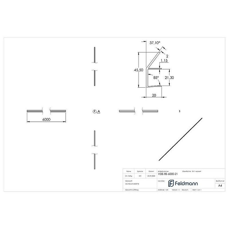 Gouttière pour auvent en verre de 21,52mm, L: 6000mm, E4/EV1