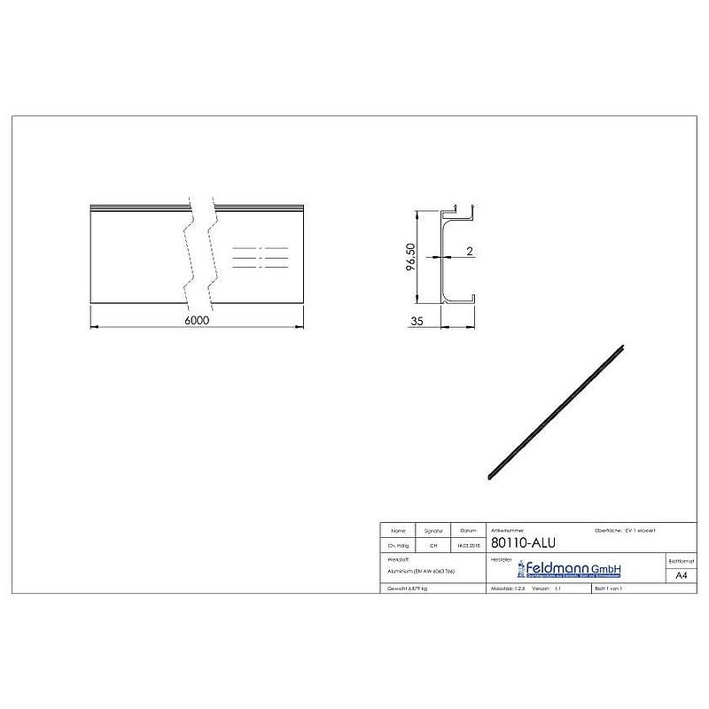 Abdeckung für Alu-Profil 80100-ALU, L:6m