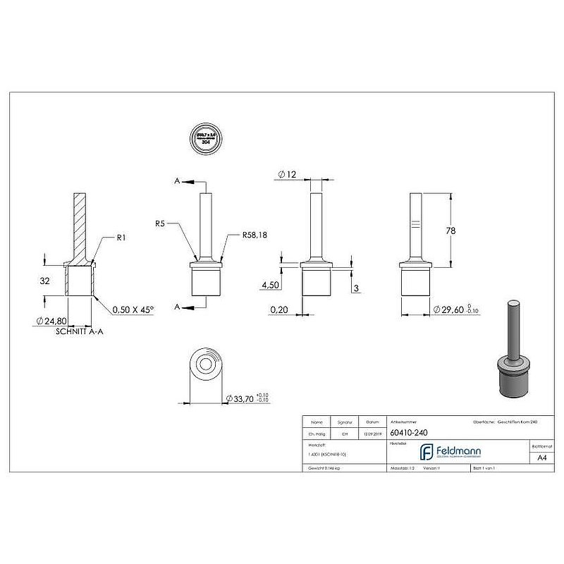 Bouchon pour extrémité de tube avec tige pour tube 33,7x2,0mm, V2A
