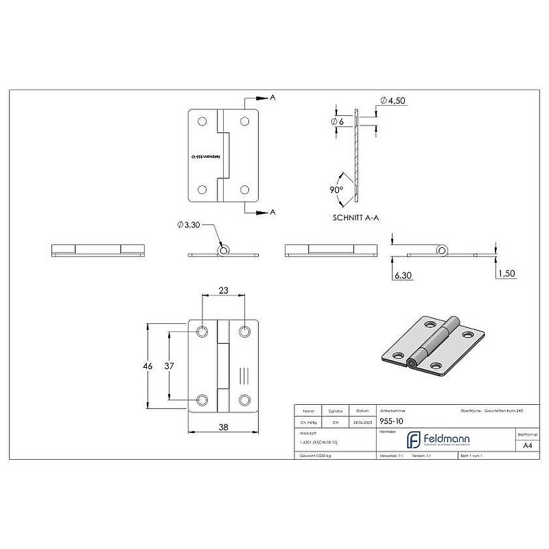 Edelstahl-Scharnier 50x38mm mit festem Zapfen