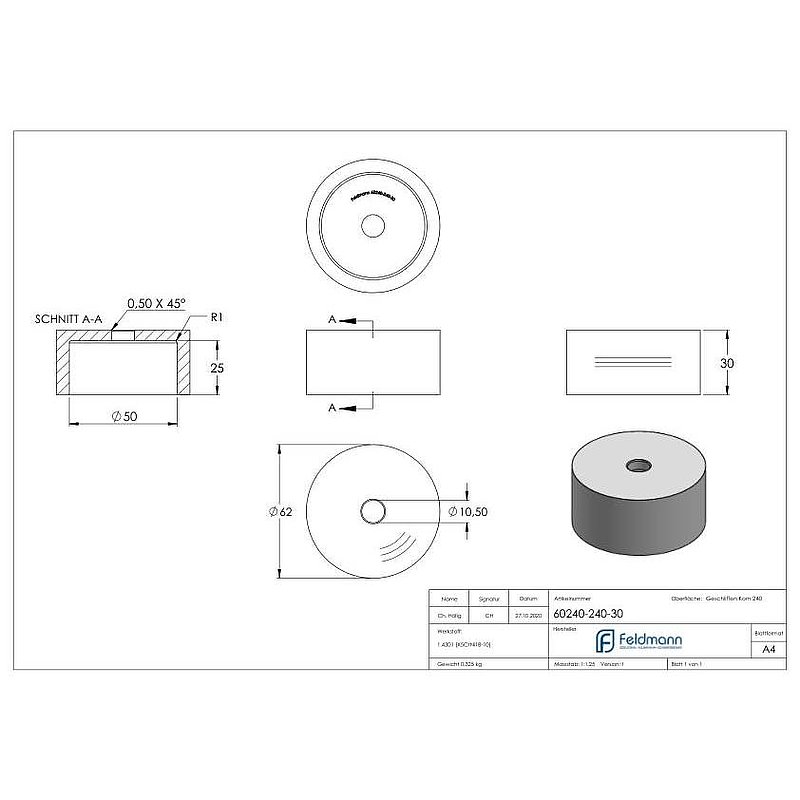Unterteil für 62mm Glaspunkthalter, t: 30mm, V2A