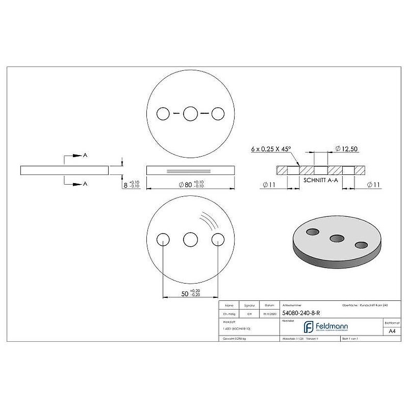 Anchor plate Ø 80x8mm, with bevelled edge and chamfer, AISI304