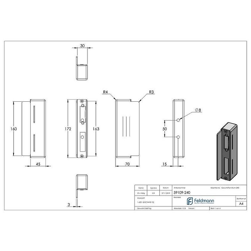 Edelstahlgegenkasten eckig, für Abstand 72mm, 30mm, V2A