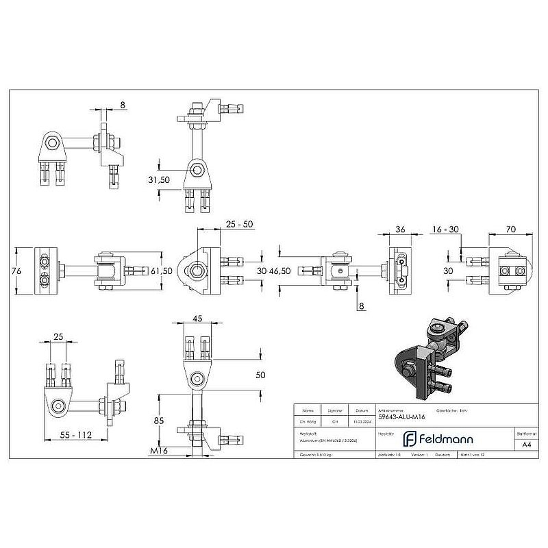 Charnière de porte M16, réglable en 4 positions, aluminium