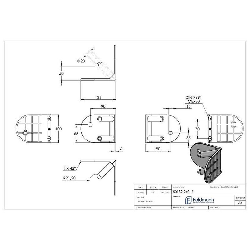 Wall mounting for railing posts 90° inside corner, AISI304