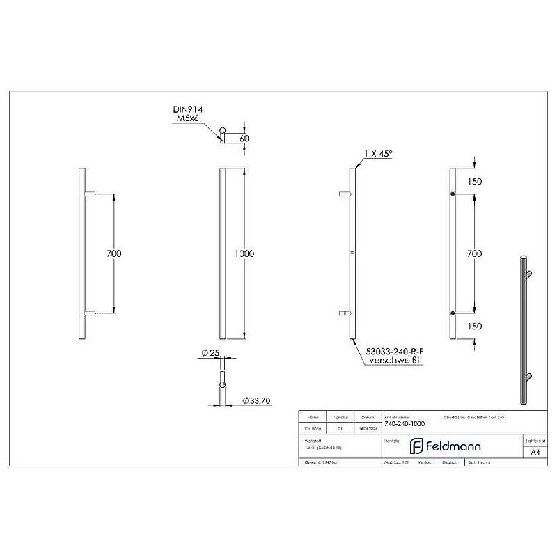 Push handle incl. holder straight with L: 1000mm, AISI304