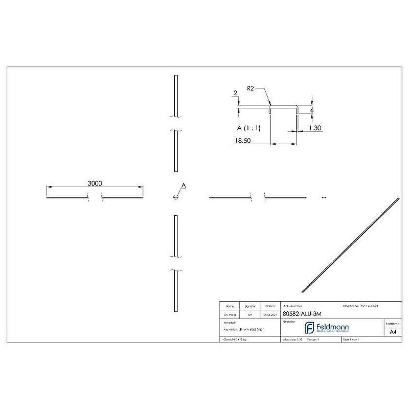 Kantenschutz EXTRA SLIM, für Glas 16,00 - 17,52mm, L: 3000mm, Aluminium E4/EV1