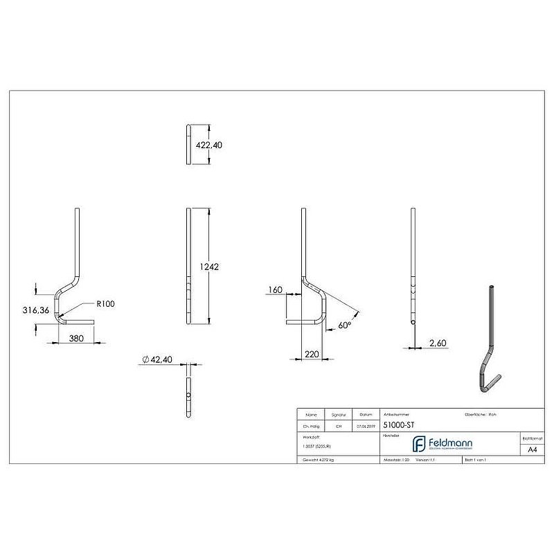 Post bent from round tube 42.4 x 2.5mm, S235
