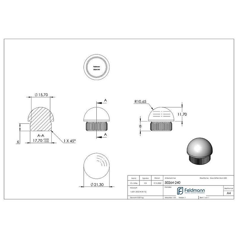 Stopfen, für Rohr 21,3 x 2,0mm, V2A