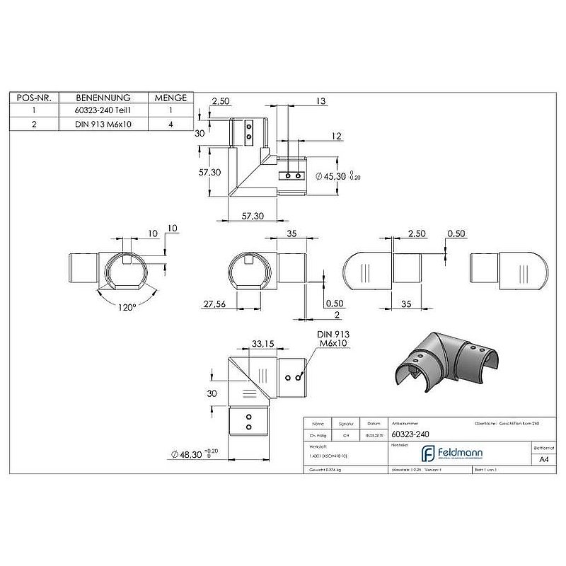 Eckbogen horizontal, für 48,3mm, V2A, Verlaufsecke