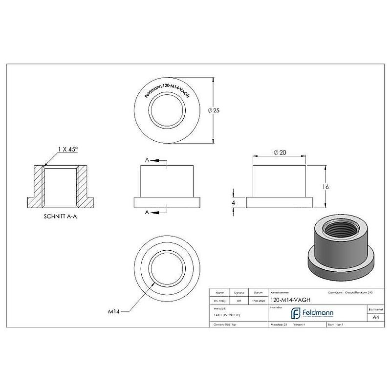 Gewindehülse, passend zu Torband 120-M14-VA, V2A