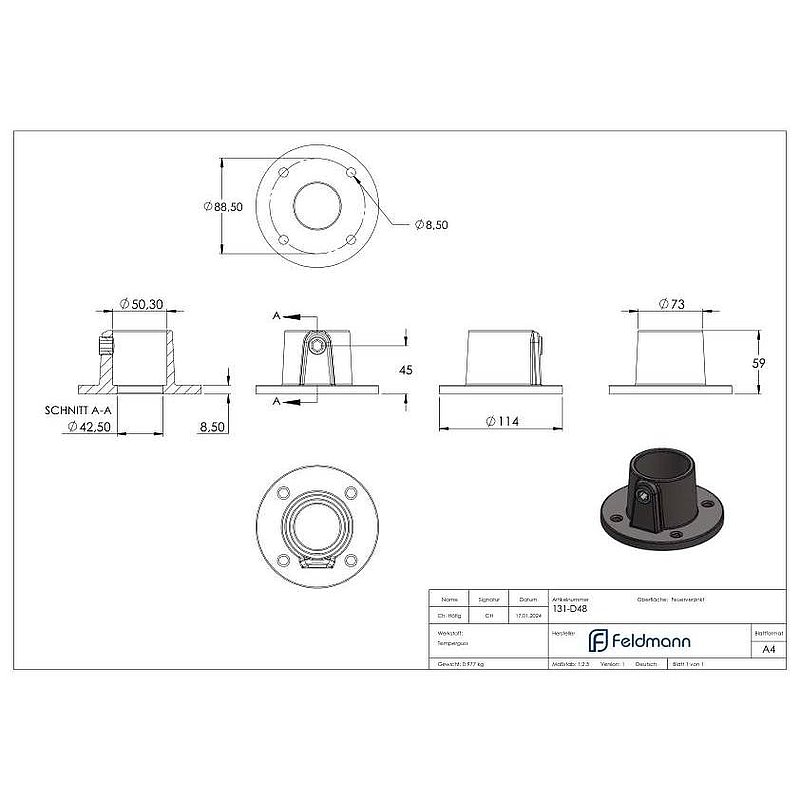Wall bracket with 4 holes, for 48.3 mm pipe