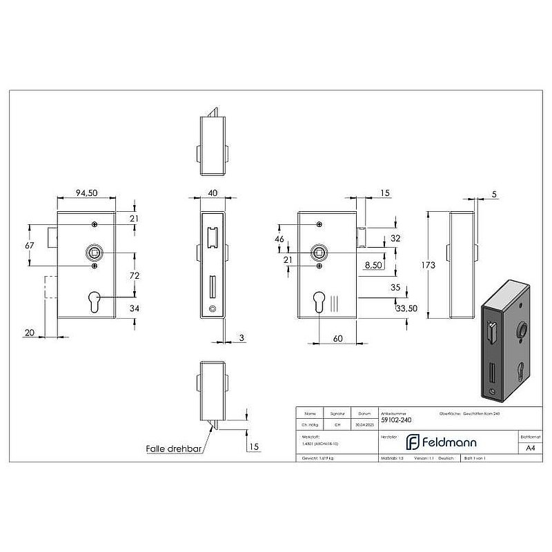 Stainless steel lock case with galvanised lock, dimensions: 40x94.5x173mm