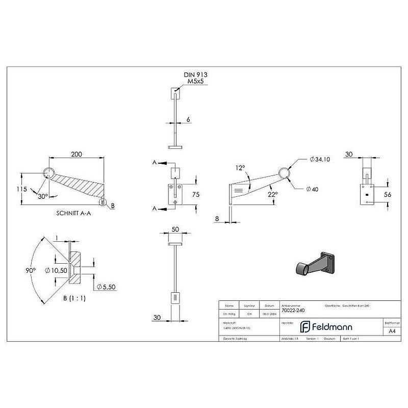 Footrail / handrail support, for tube 33.7mm, AISI304