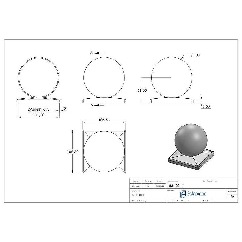 Pillar cover 100x100mm with hollow ball Ø 100mm