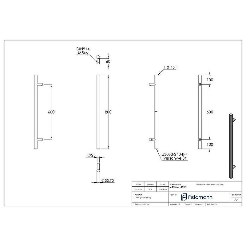 Push handle incl. holder straight with L: 800mm, AISI304