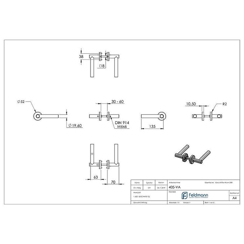 Pair of lever handles, rotatable, AISI304