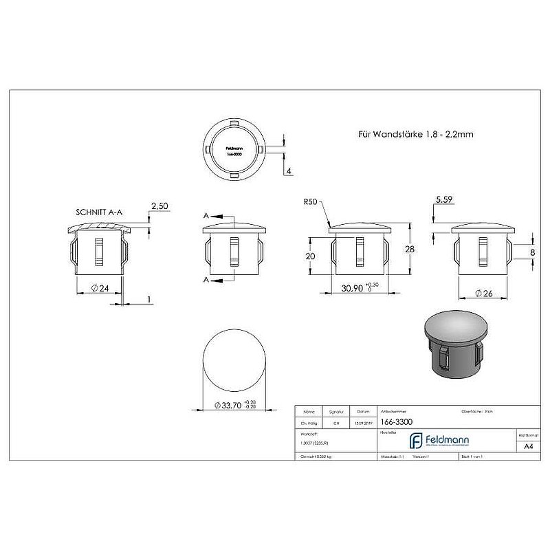 Stahleinschlagkappe, für Rohr 33,7mm