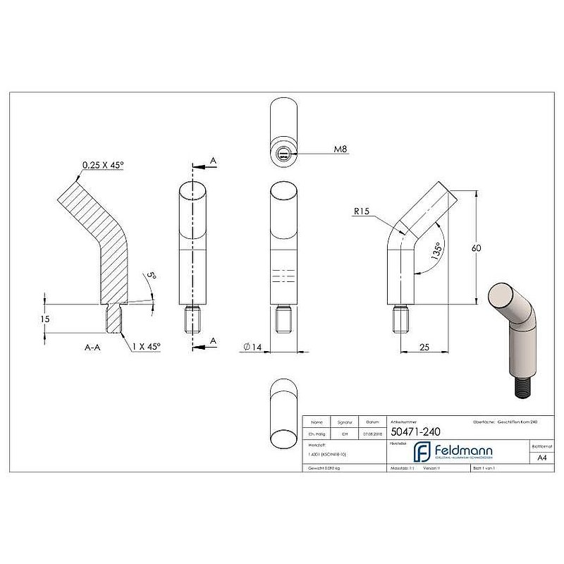 Pin Ø 14mm, L: 60mm, 135° bent, AISI304