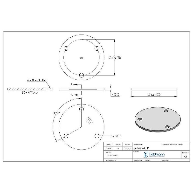 Anchor plate Ø 140x6mm, with round grinding, AISI304
