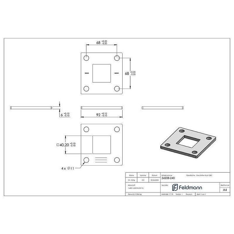 Anchor plate, 92x92x6mm, with longitudinal grinding, AISI304