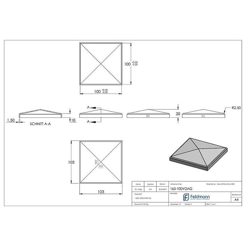 Chapeau pyramidal, pour tube carré 100x100mm, V2A