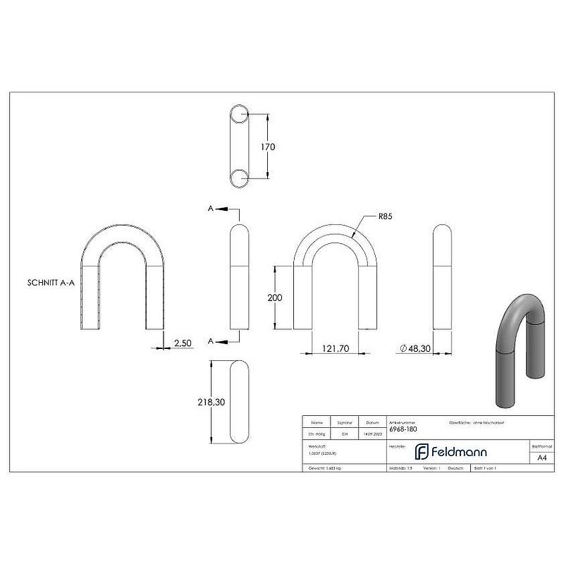 Stahl-Rohr-Bogen 180°, 48,3x2,5mm