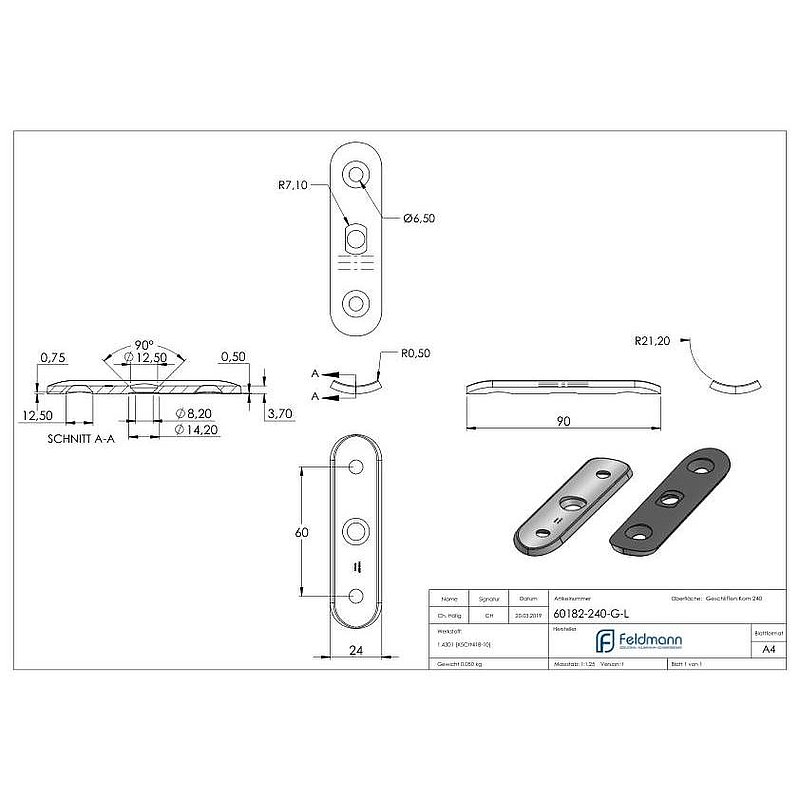 Plaque de raccordement de mains courantes version longue, 42,4mm, V2A