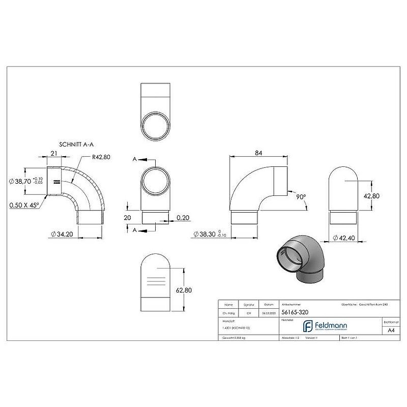 Anschlussbogen 90°, für Rohr 42,4x2,0mm, V2A