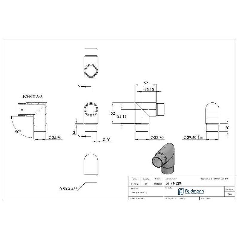 Eckstück 90°, für Rohr 33,7x2,0mm, V2A