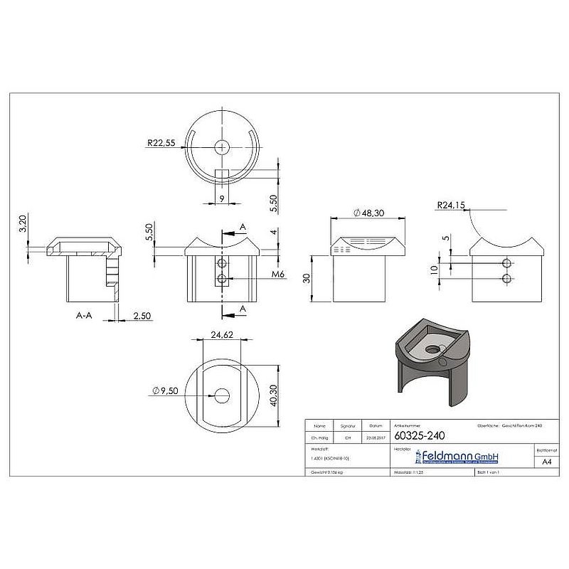 Adaptateur pour tube à fond de gorge raccord Ø 48,3mm, V2A