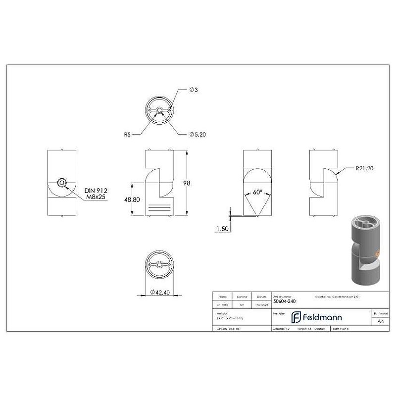 Flexible connector: for 42,4mm wooden handrail, AISI304