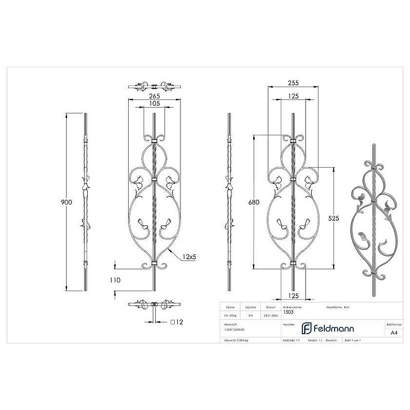 Zierstab 12x12mm, gerillt, Barock, H: 900mm
