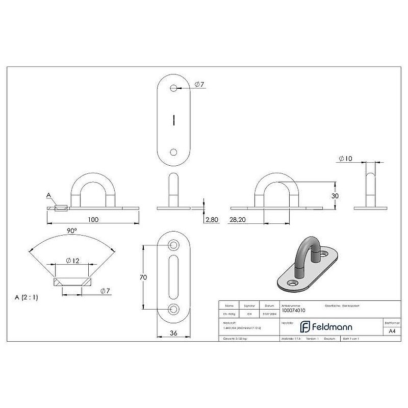 Fixing eyelet with oval plate AISI316